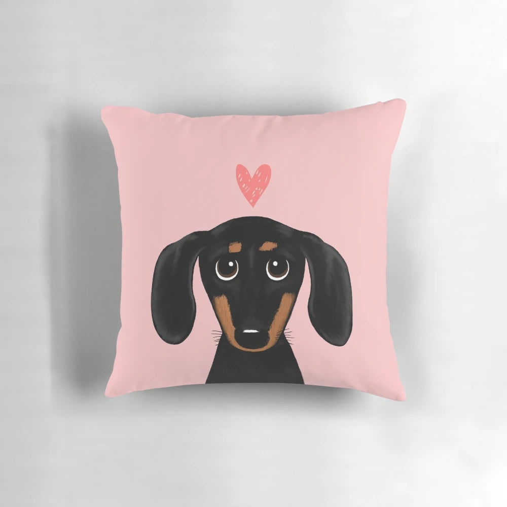 Cute cartoon dachshund or wiener dog pillow with a heart design
