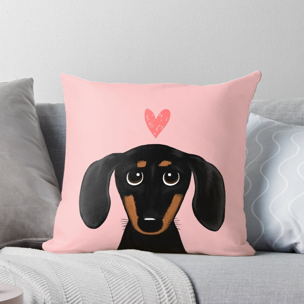 Cute cartoon dachshund or wiener dog pillow with a heart design