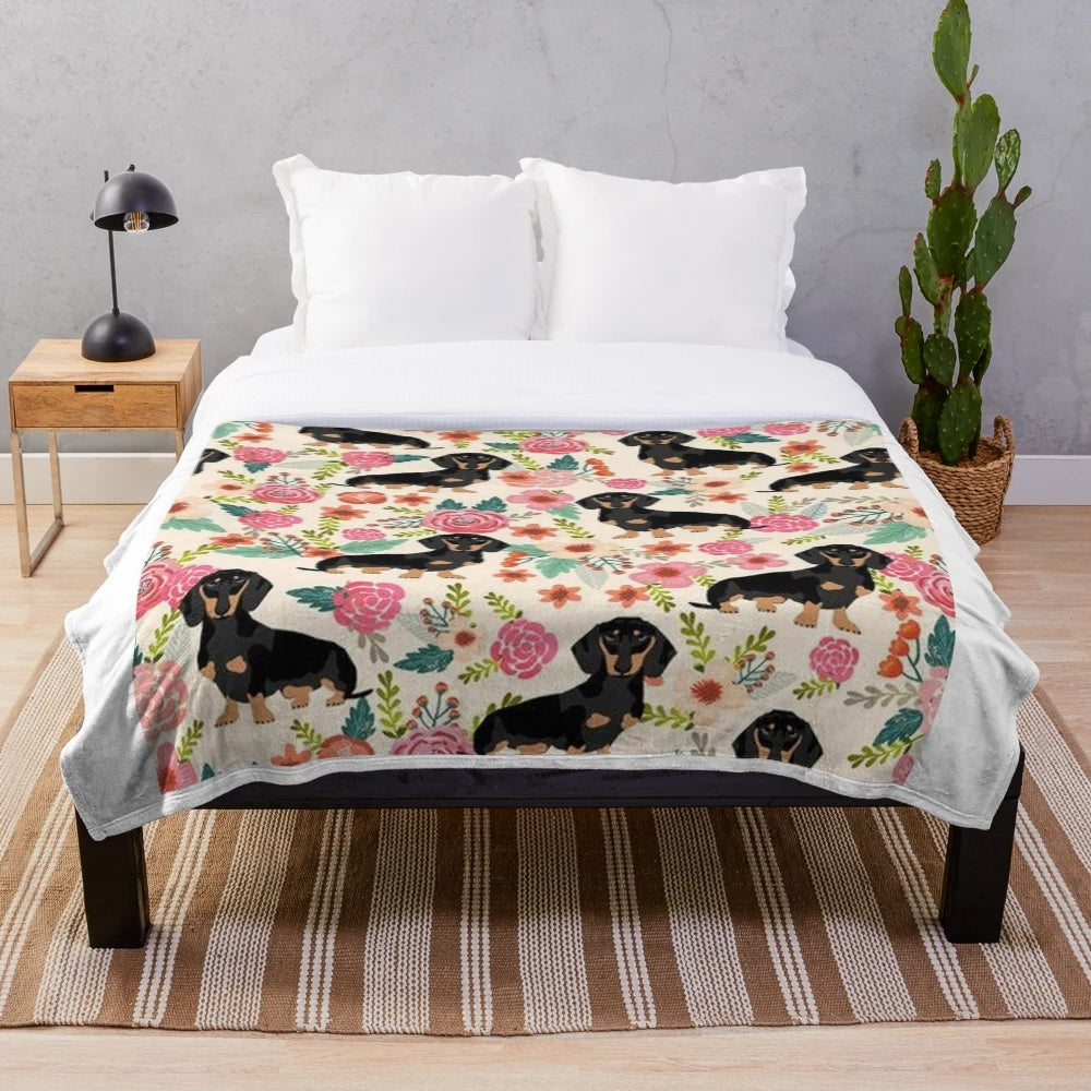 Dachshund dogs and flowers plush blanket