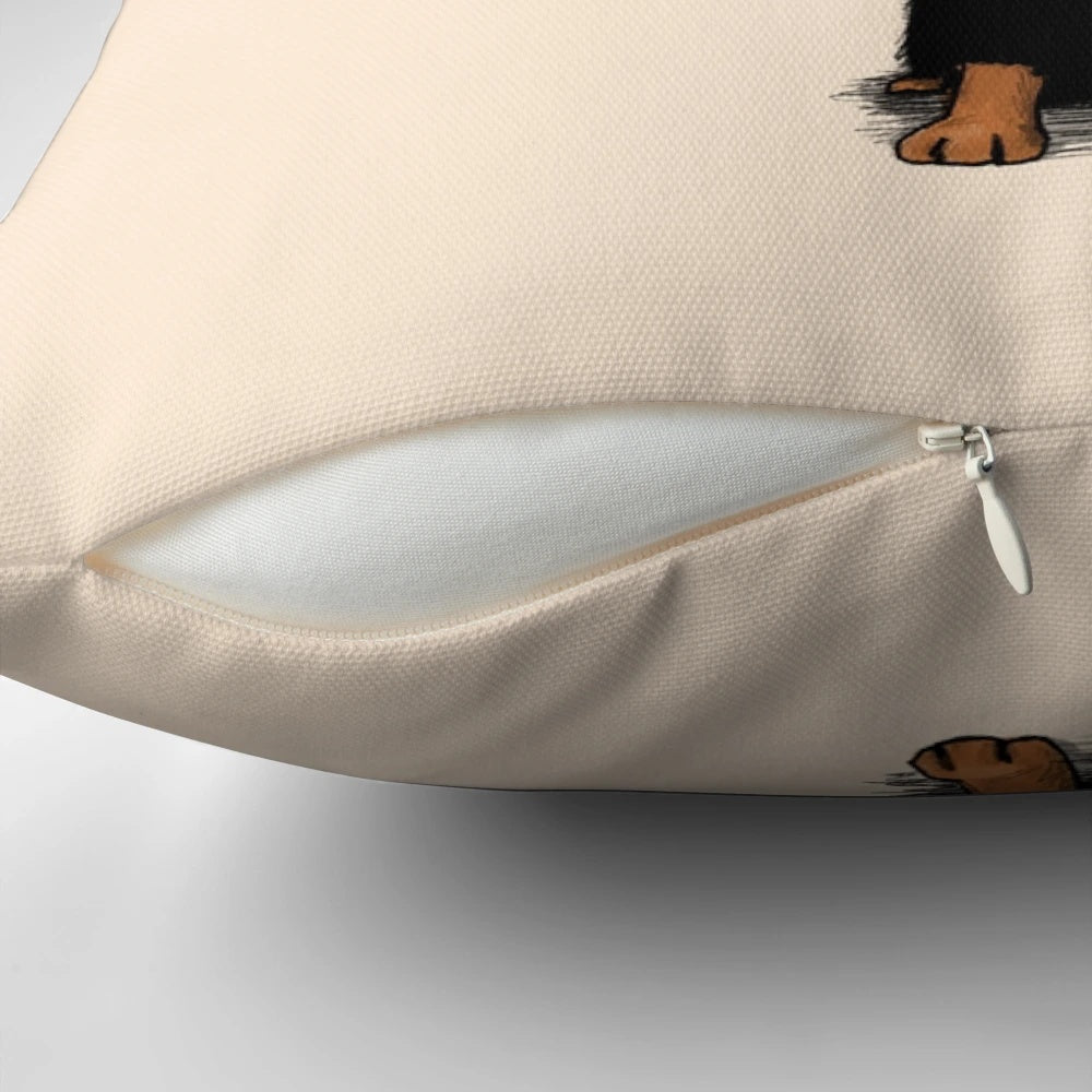 A cute dachshund puppy dog with pink and red heart designs on a throw pillow