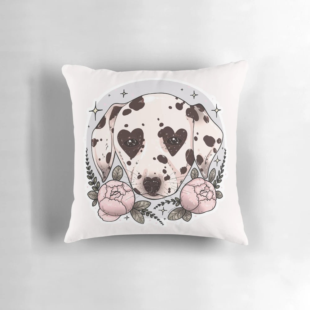 Soft and cuddly dalmatian dog puppy printed on a decorative pillow with floral pattern
