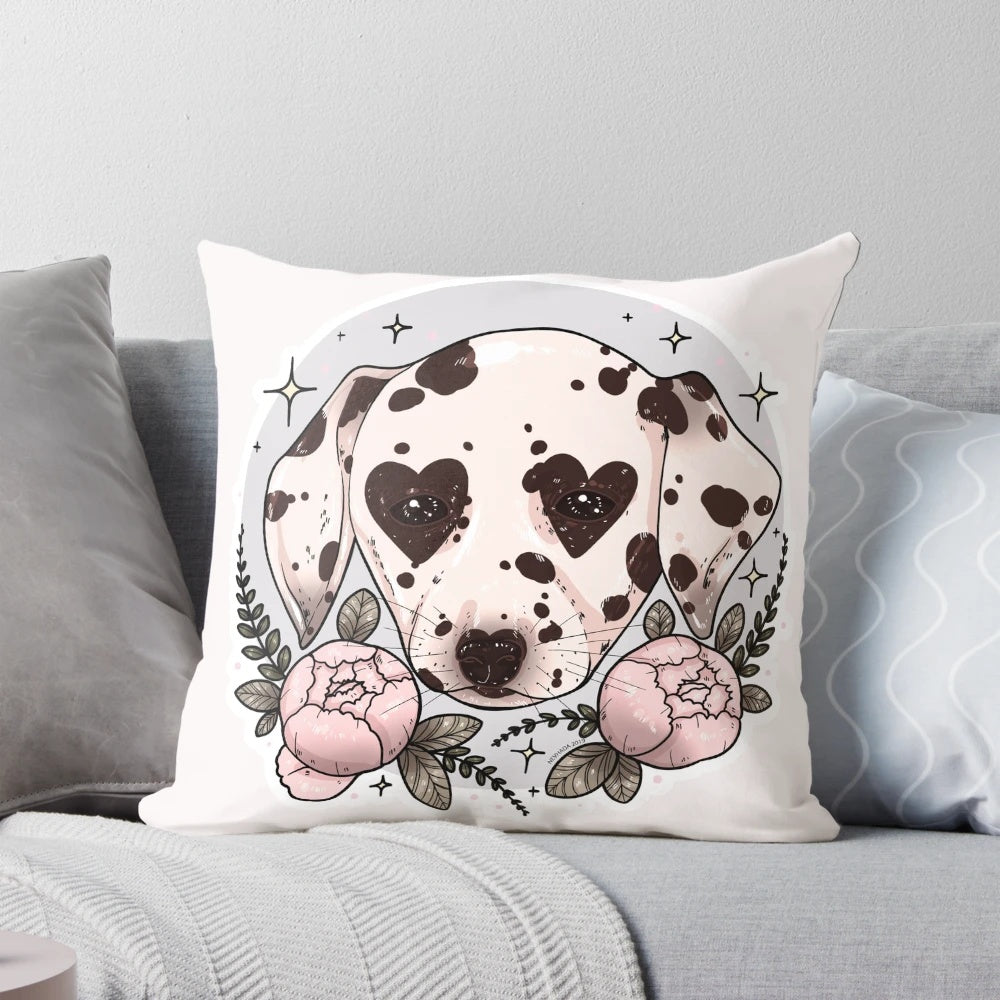 Soft and cuddly dalmatian dog puppy printed on a decorative pillow with floral pattern