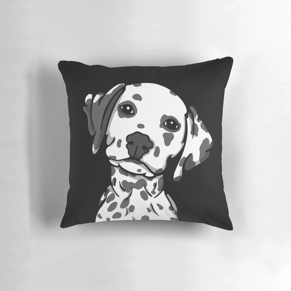 A soft, plush pillow featuring a dalmatian dog with white and grey spots, perfect for adding a touch of cute to any room.
