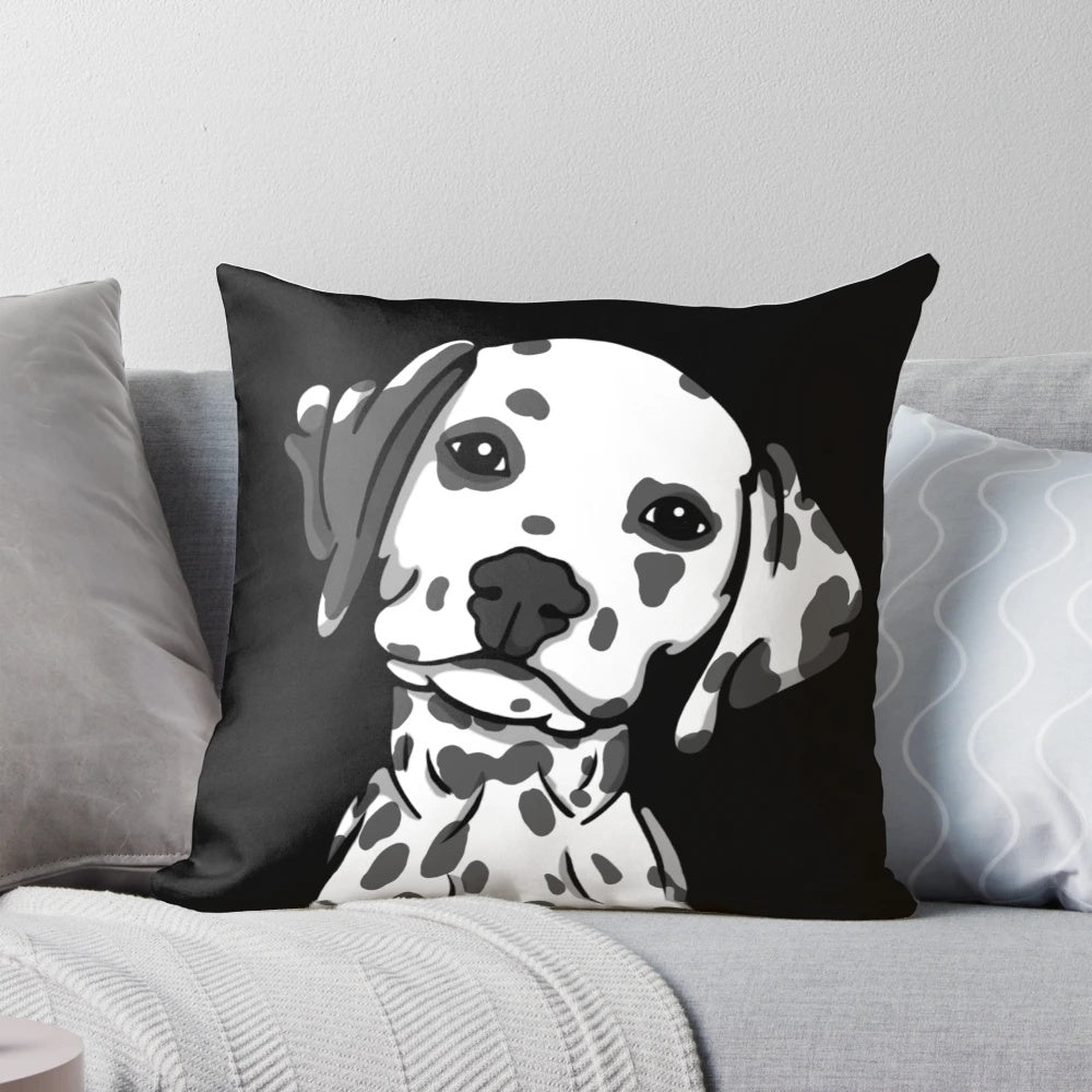 A soft, plush pillow featuring a dalmatian dog with white and grey spots, perfect for adding a touch of cute to any room.