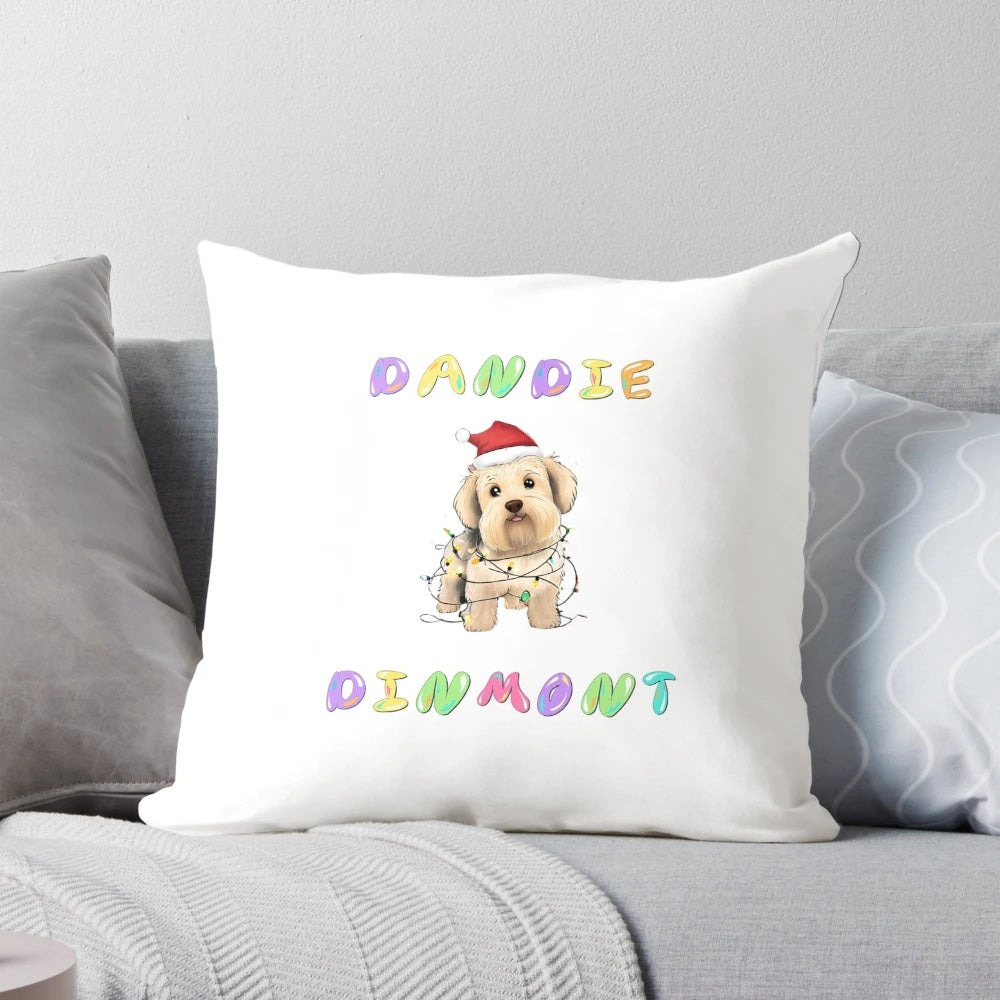 Dandie Dinmont Terrier wearing a festive Christmas hat printed on a plush, cozy pillow.