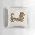 A soft, plush pillow featuring an illustration of a dapple chocolate long-haired dachshund dog.