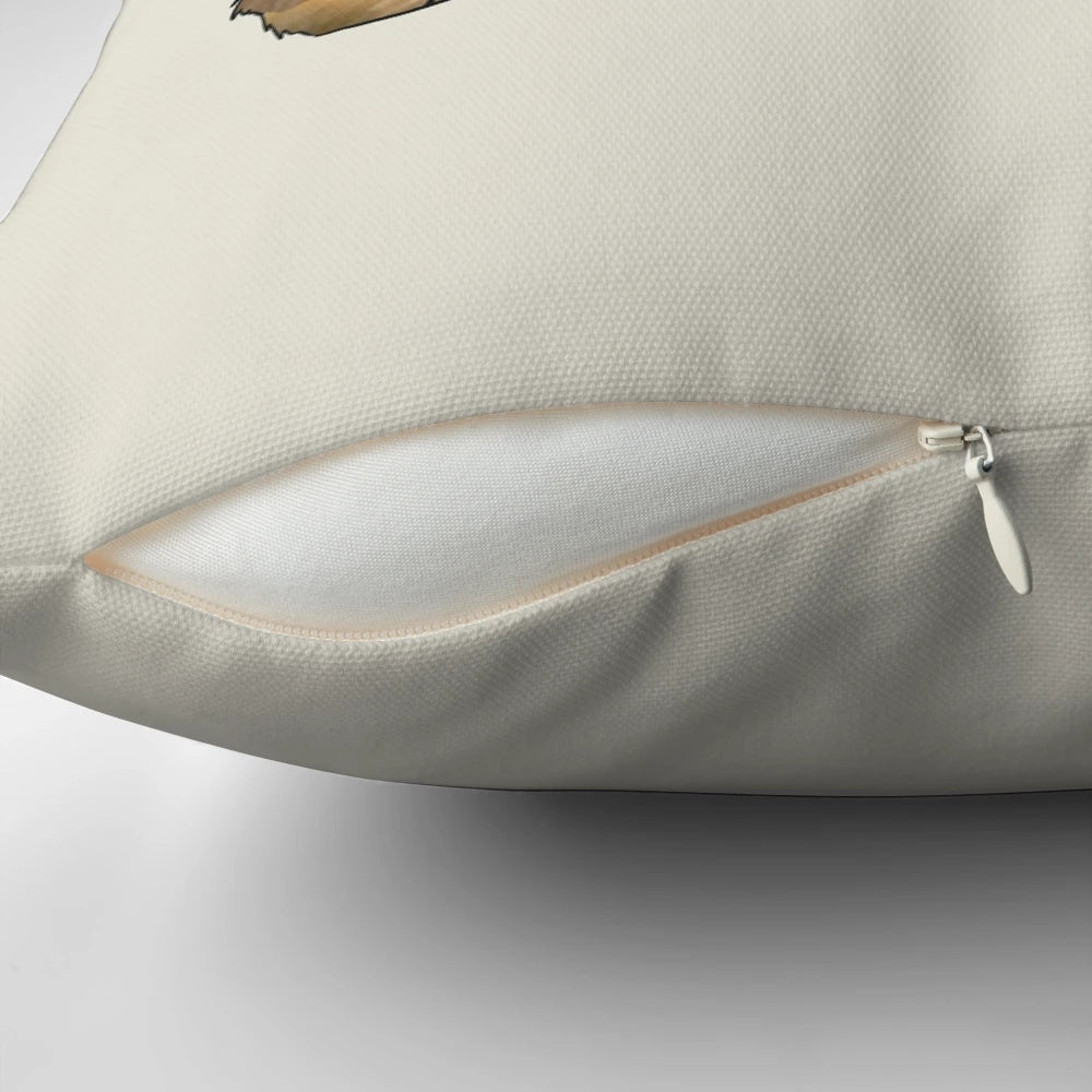 A soft, plush pillow featuring an illustration of a dapple chocolate long-haired dachshund dog.