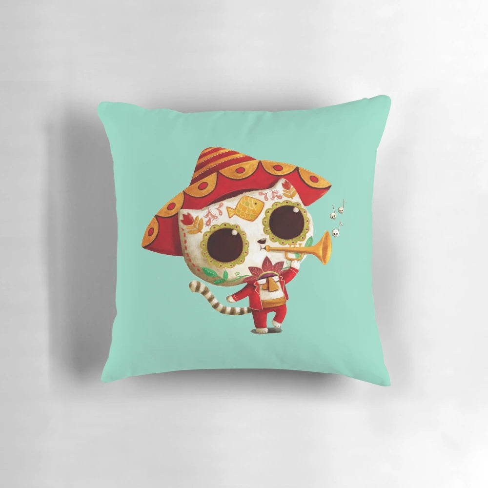 Cute white cat wearing a mariachi outfit against a day of the dead-inspired background