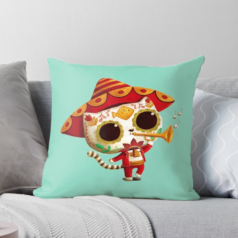 Cute white cat wearing a mariachi outfit against a day of the dead-inspired background