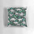 Plush dinosaur-themed pillow with vibrant tropical leaves and dinos