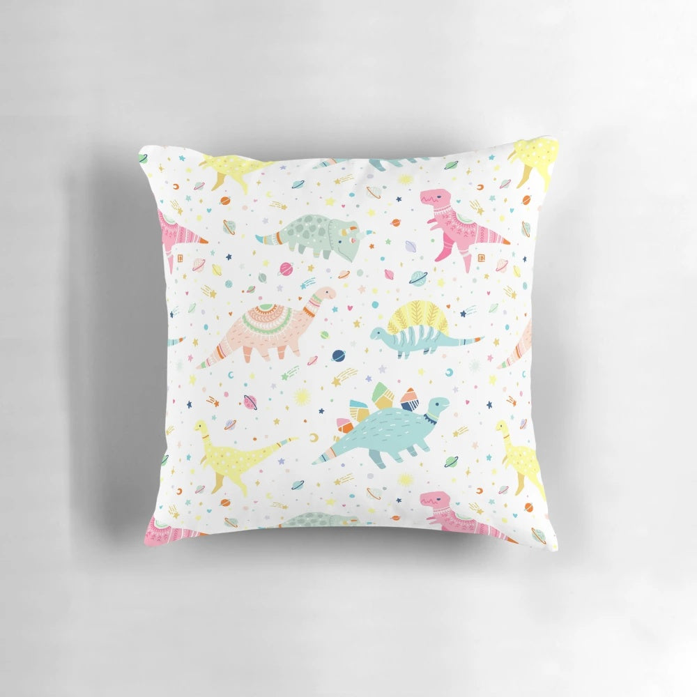 Dinosaur pattern decorative throw pillow with cute, pastel-colored dinosaurs and space-themed elements