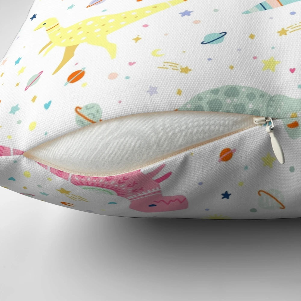 Dinosaur pattern decorative throw pillow with cute, pastel-colored dinosaurs and space-themed elements