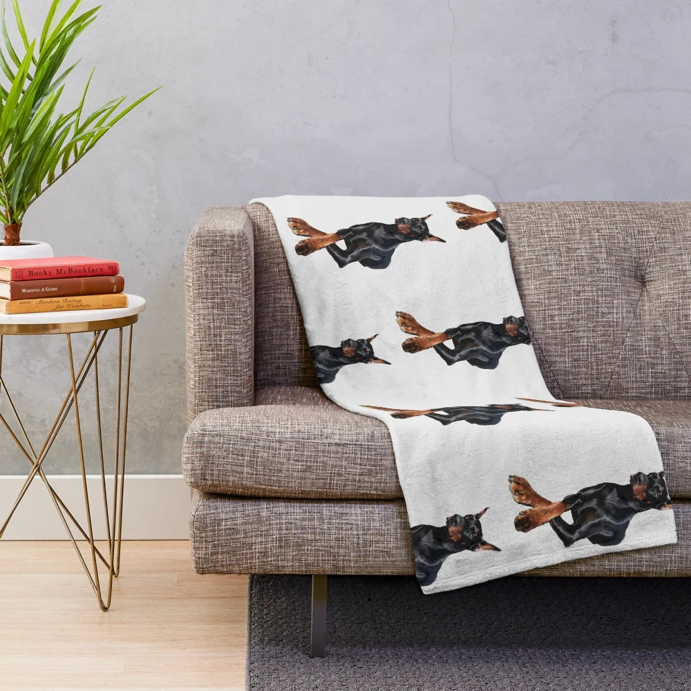 Doberman dog plush blanket featuring a cute black and tan Dobermann Pinscher design