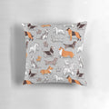 Soft, grey linen pillow with a charming dog illustration pattern in orange, grey, and brown tones.