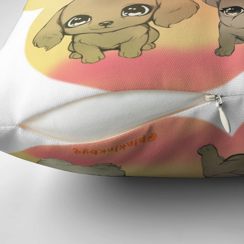 Colorful and cute dog-themed pillow with flowers and hearts