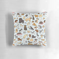 A colorful and whimsical decorative pillow featuring an illustration of various dog breeds in a kawaii style.