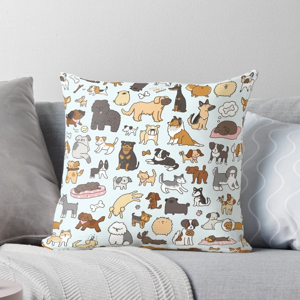A colorful and whimsical decorative pillow featuring an illustration of various dog breeds in a kawaii style.