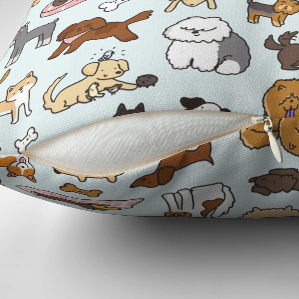 A colorful and whimsical decorative pillow featuring an illustration of various dog breeds in a kawaii style.