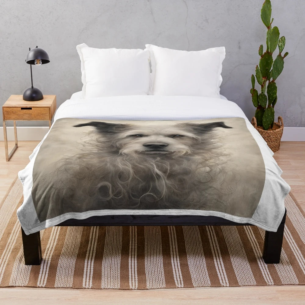 Soft, cozy plush dog blanket with a vintage, whimsical design