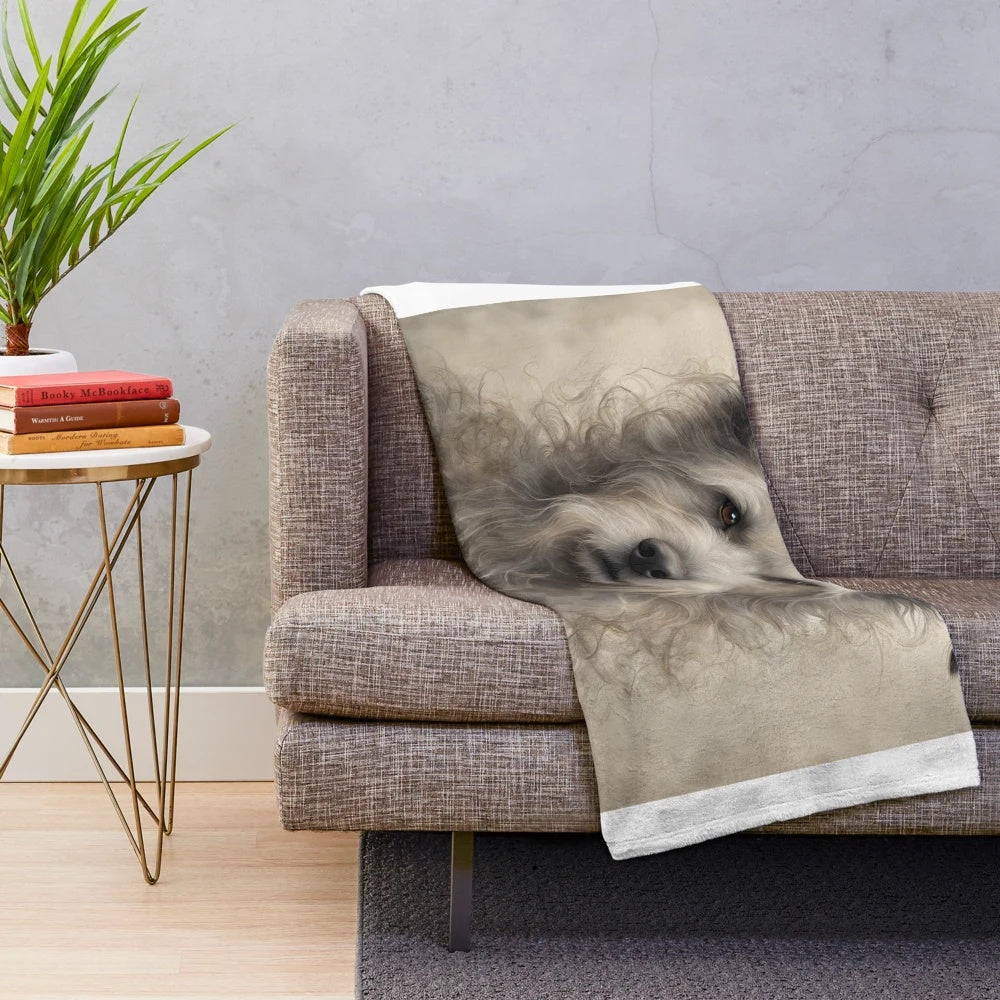 Soft, cozy plush dog blanket with a vintage, whimsical design