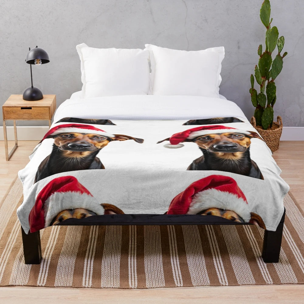 Cute dog wearing a festive Christmas hat on a soft plush blanket