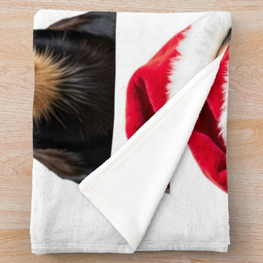 Cute dog wearing a festive Christmas hat on a soft plush blanket
