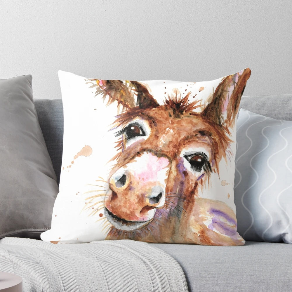 Soft, plush pillow featuring a sweet donkey face design, perfect for adding a touch of rustic charm to your home.
