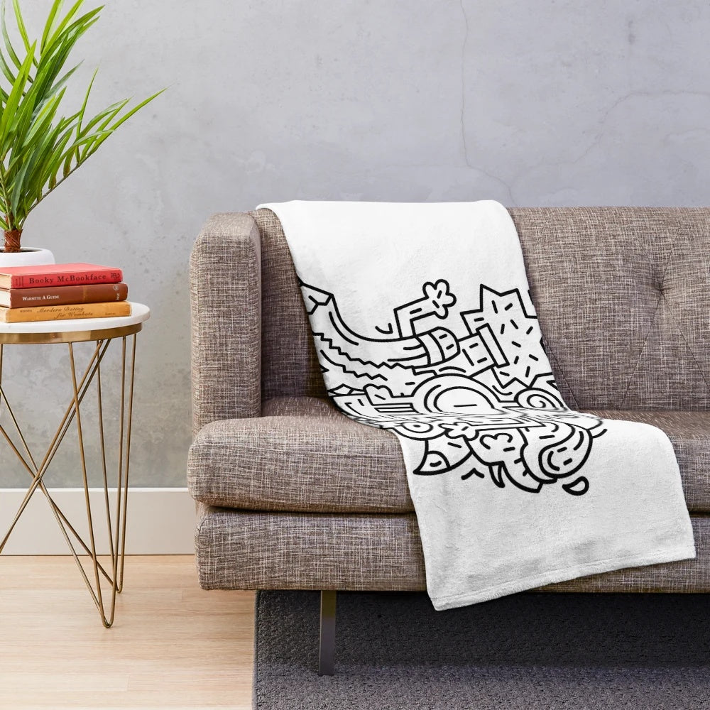 Doodle monster plush blanket with cute cartoon animal design