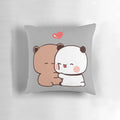 Soft, cuddly pillow featuring the cute cartoon characters Dudu Bear and Bubu Panda in a loving embrace.