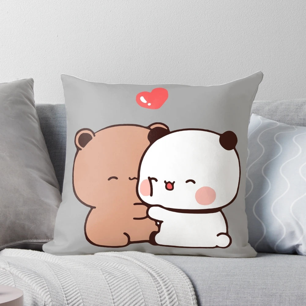 Soft, cuddly pillow featuring the cute cartoon characters Dudu Bear and Bubu Panda in a loving embrace.