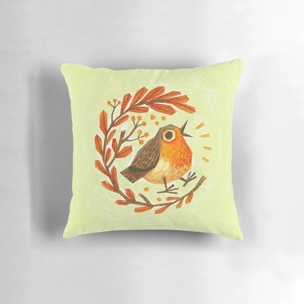 Illustration of a cute cartoon bird perched on a pillow, surrounded by berries and foliage