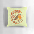 Illustration of a cute cartoon bird perched on a pillow, surrounded by berries and foliage