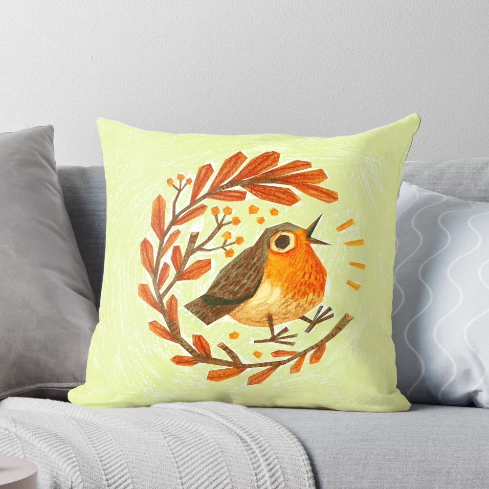 Illustration of a cute cartoon bird perched on a pillow, surrounded by berries and foliage