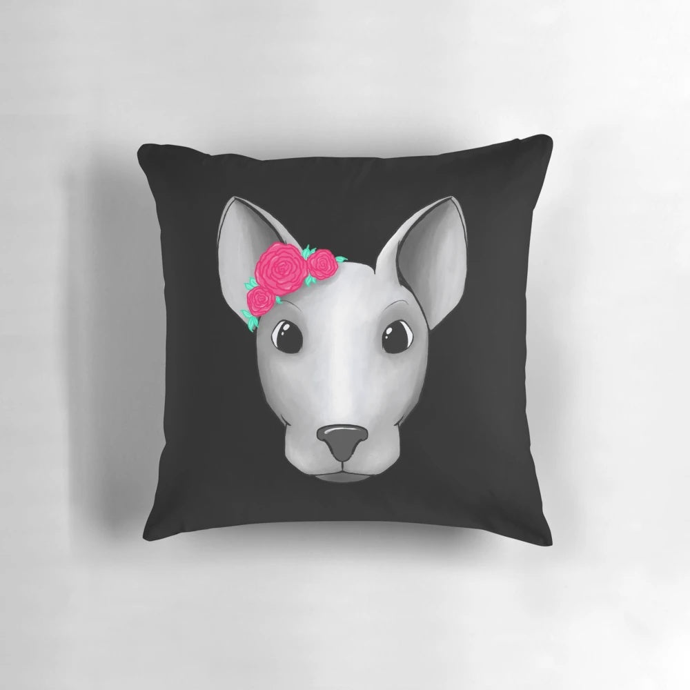 Cute cartoon English bullterrier on a pillow with floral design