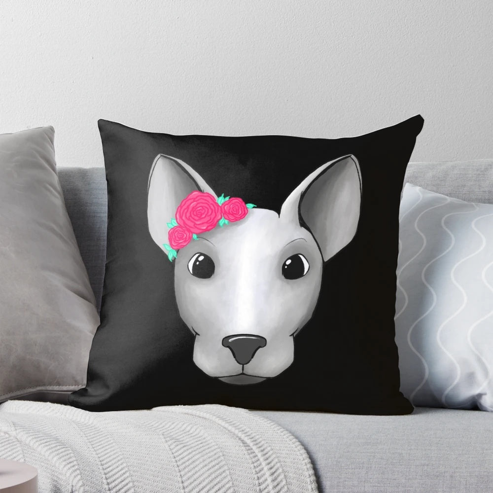 Cute cartoon English bullterrier on a pillow with floral design