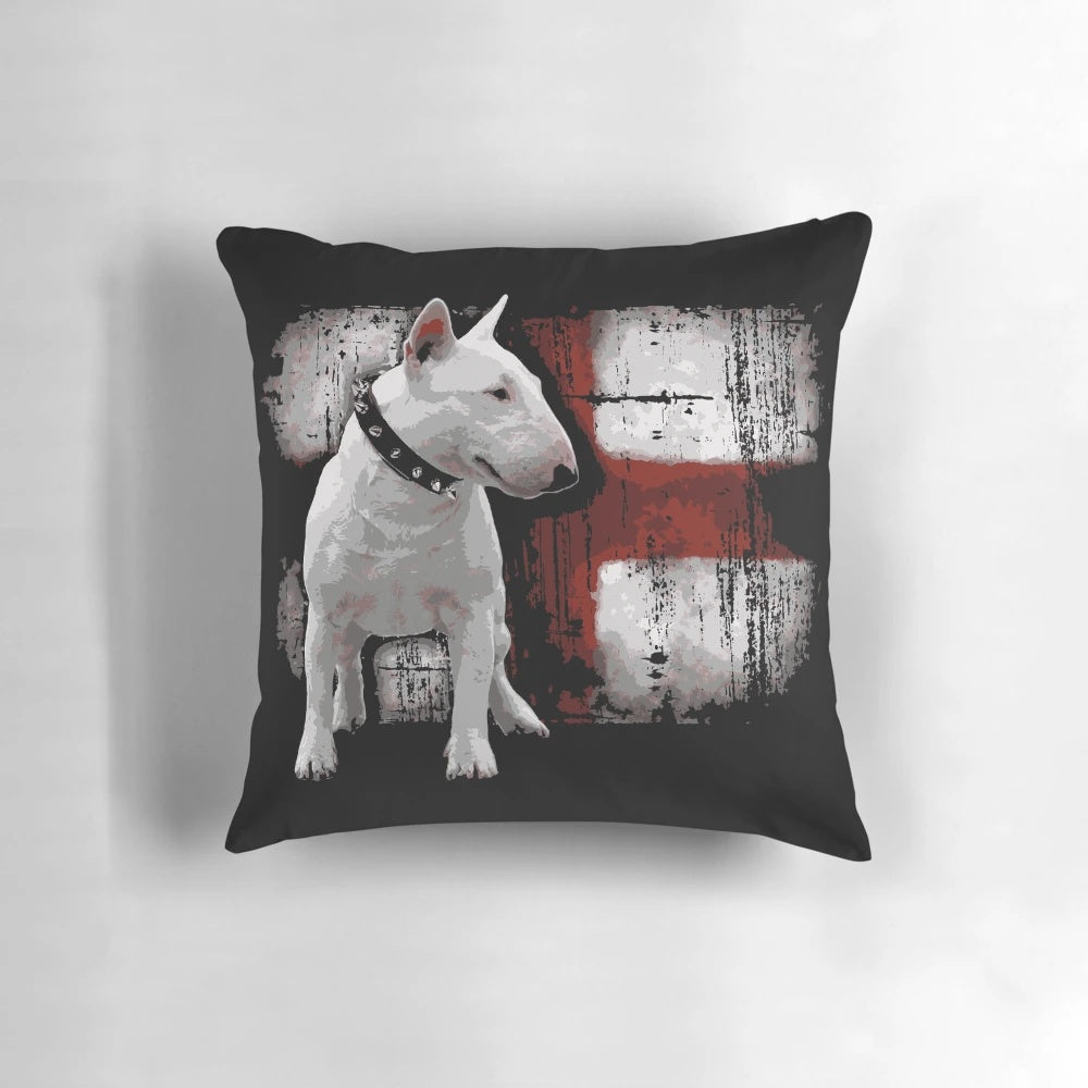 Comfortable decorative pillow featuring an illustration of an adorable English bullterrier dog