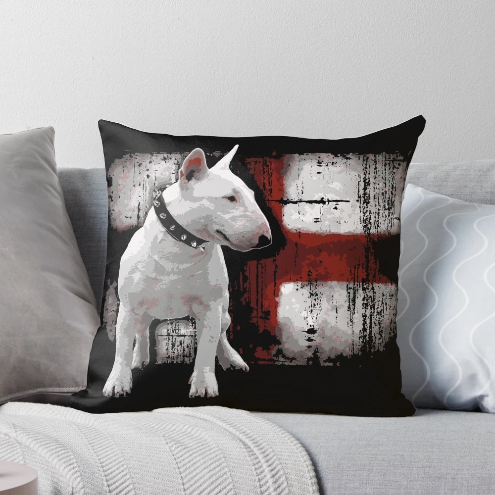 Comfortable decorative pillow featuring an illustration of an adorable English bullterrier dog