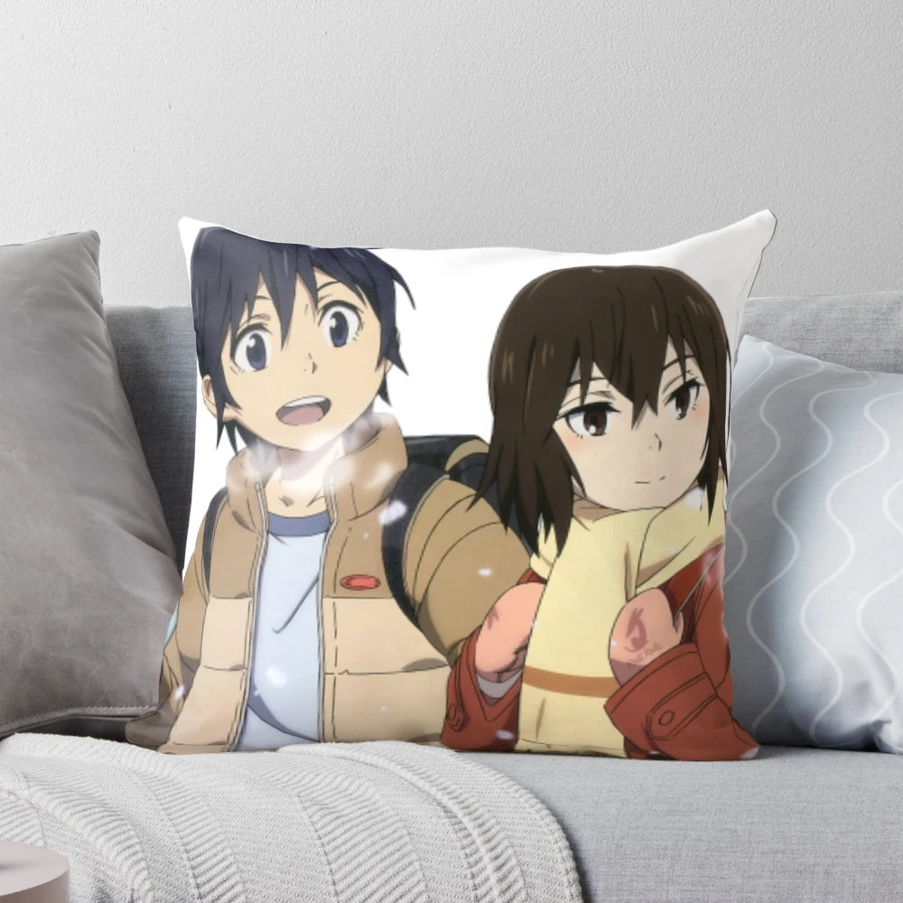 Vibrant and adorable anime-inspired pillow featuring the characters Saturo and Kayo from the popular series "Erased