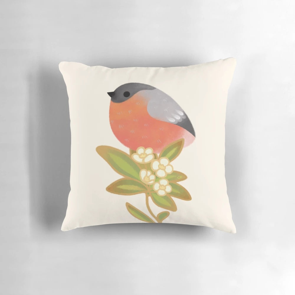 Soft, plush pillow featuring a charming illustration of a round, chubby Eurasian bullfinch bird perched amidst vibrant flowers.