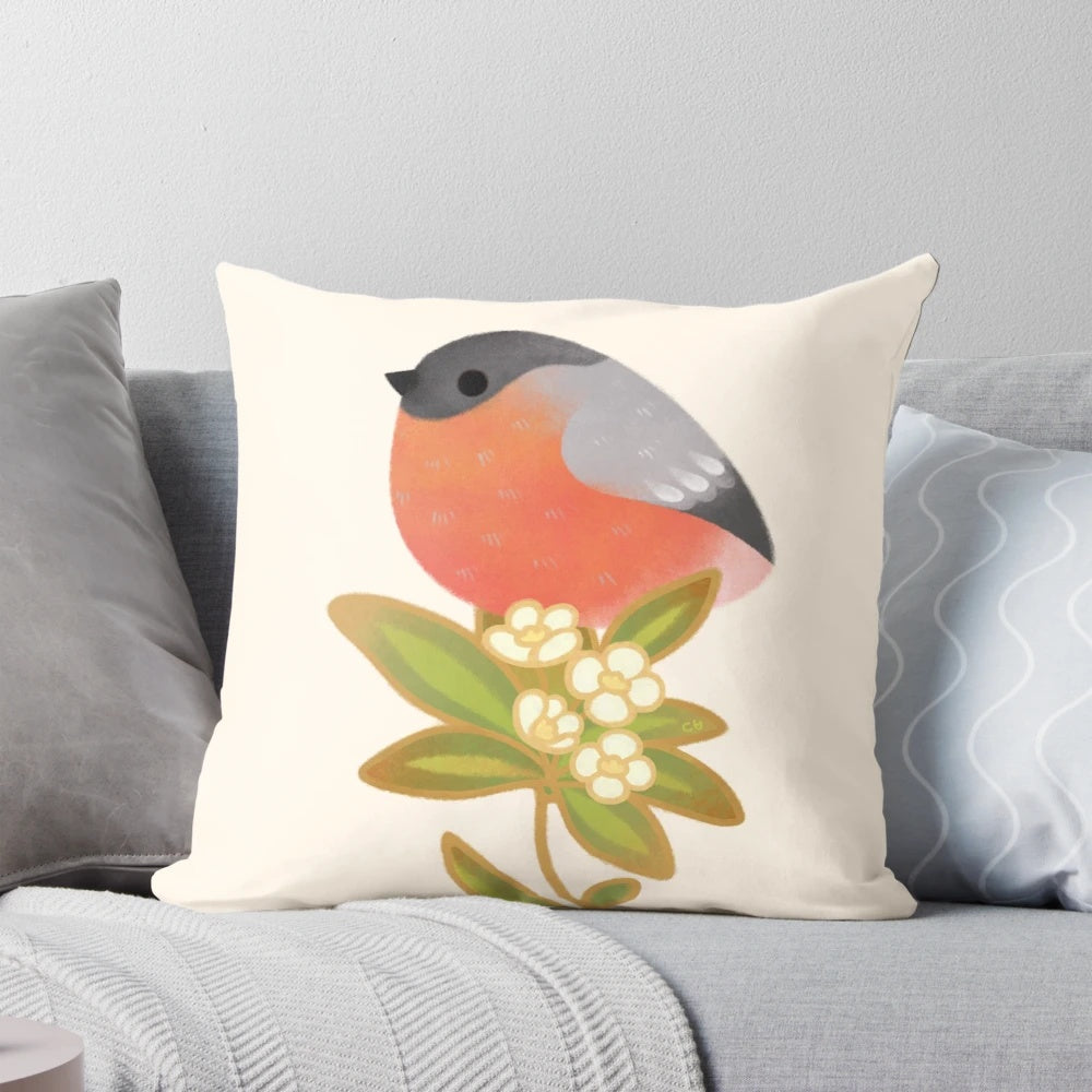 Soft, plush pillow featuring a charming illustration of a round, chubby Eurasian bullfinch bird perched amidst vibrant flowers.