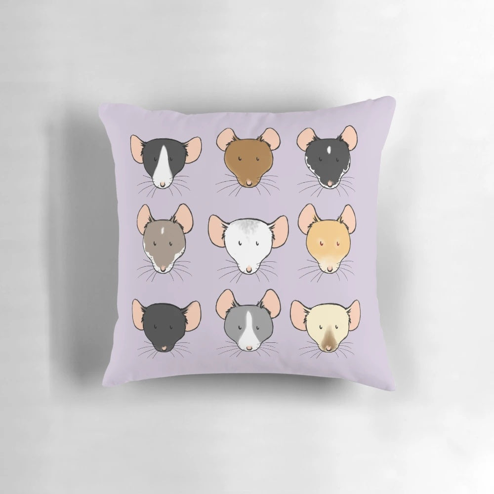 Plush pillow featuring the cute, whimsical faces of various fancy rat breeds.
