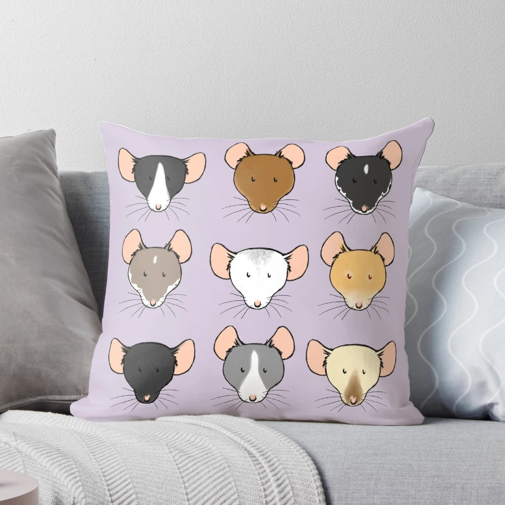 Plush pillow featuring the cute, whimsical faces of various fancy rat breeds.