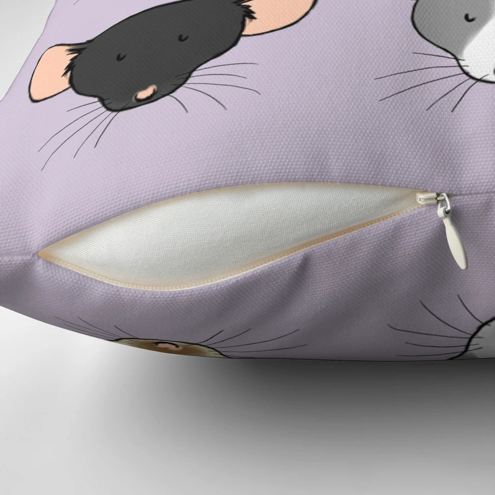 Plush pillow featuring the cute, whimsical faces of various fancy rat breeds.