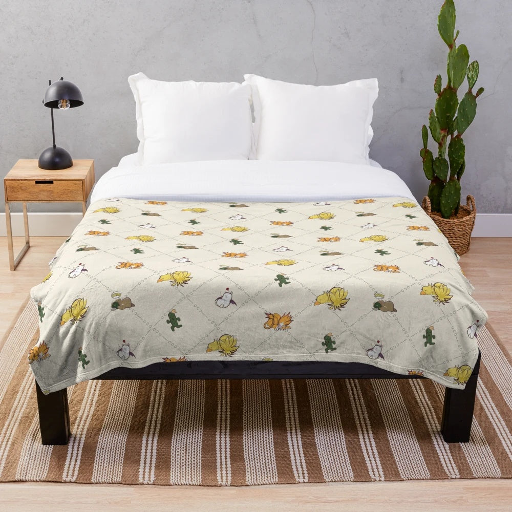 Soft, cuddly plush blanket featuring adorable fantasy creatures like cactaur, moogle, and chocobo