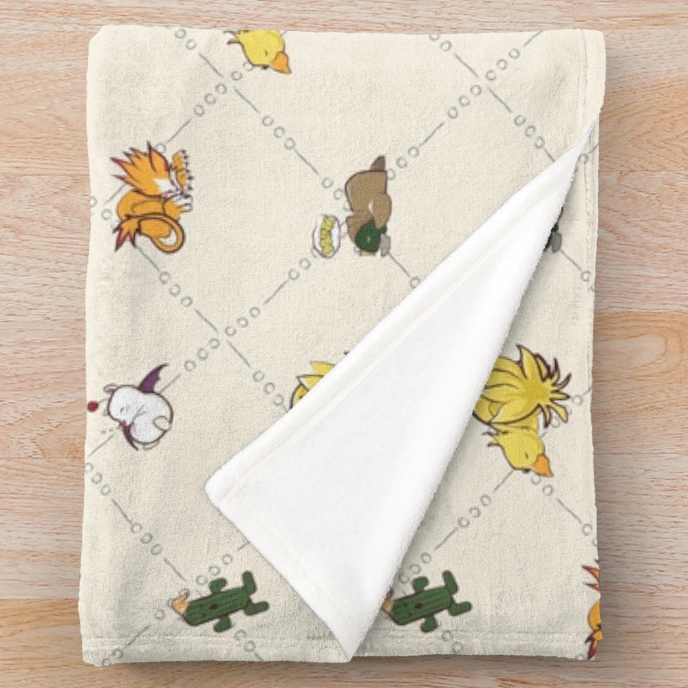 Soft, cuddly plush blanket featuring adorable fantasy creatures like cactaur, moogle, and chocobo