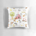 Colorful farm animal-themed pillow with pigs, cows, roosters, and other cute baby animals