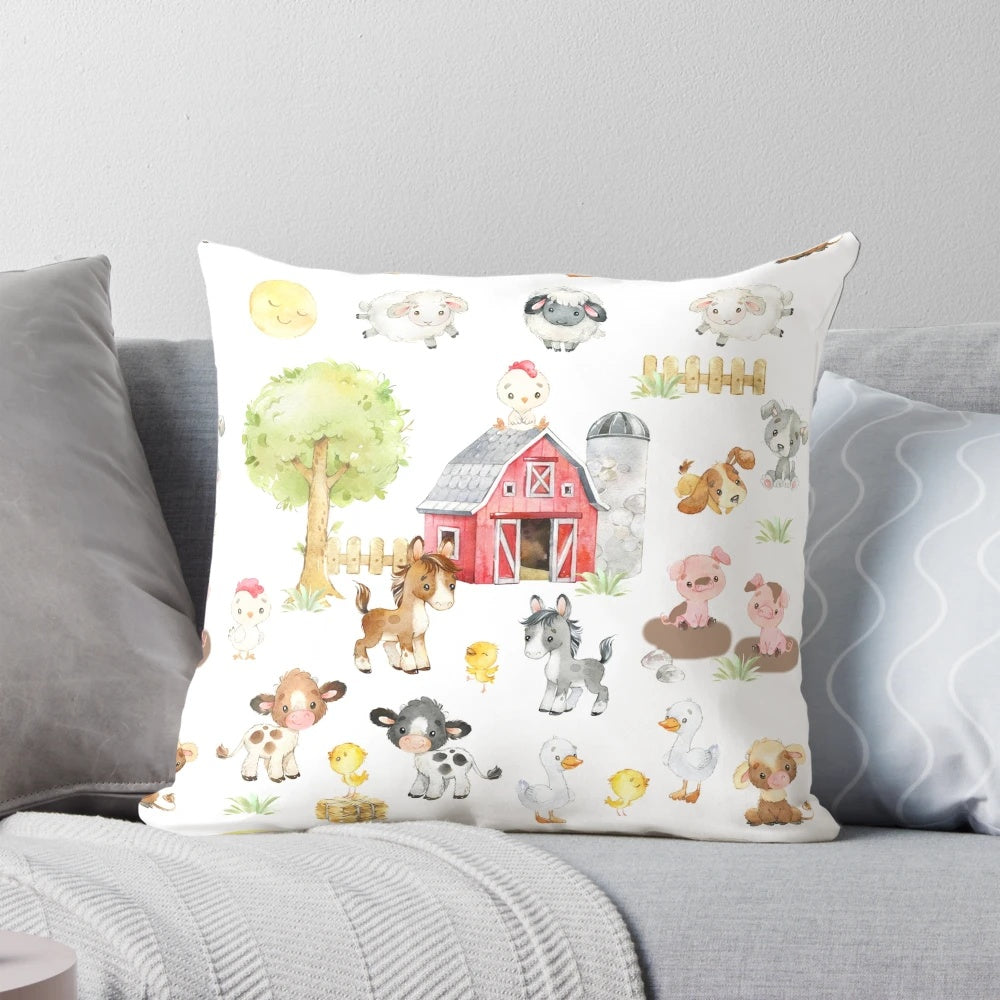 Colorful farm animal-themed pillow with pigs, cows, roosters, and other cute baby animals