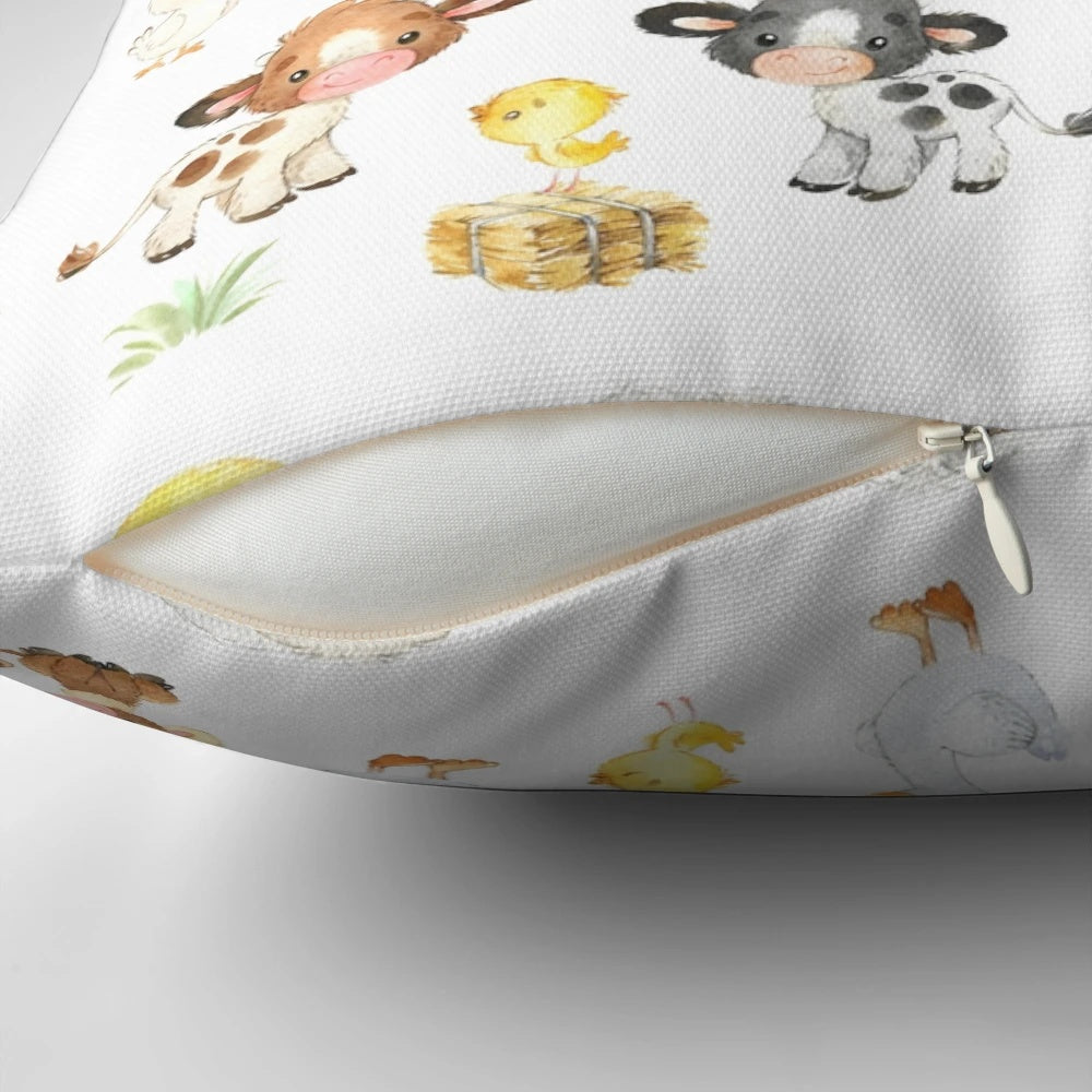Colorful farm animal-themed pillow with pigs, cows, roosters, and other cute baby animals