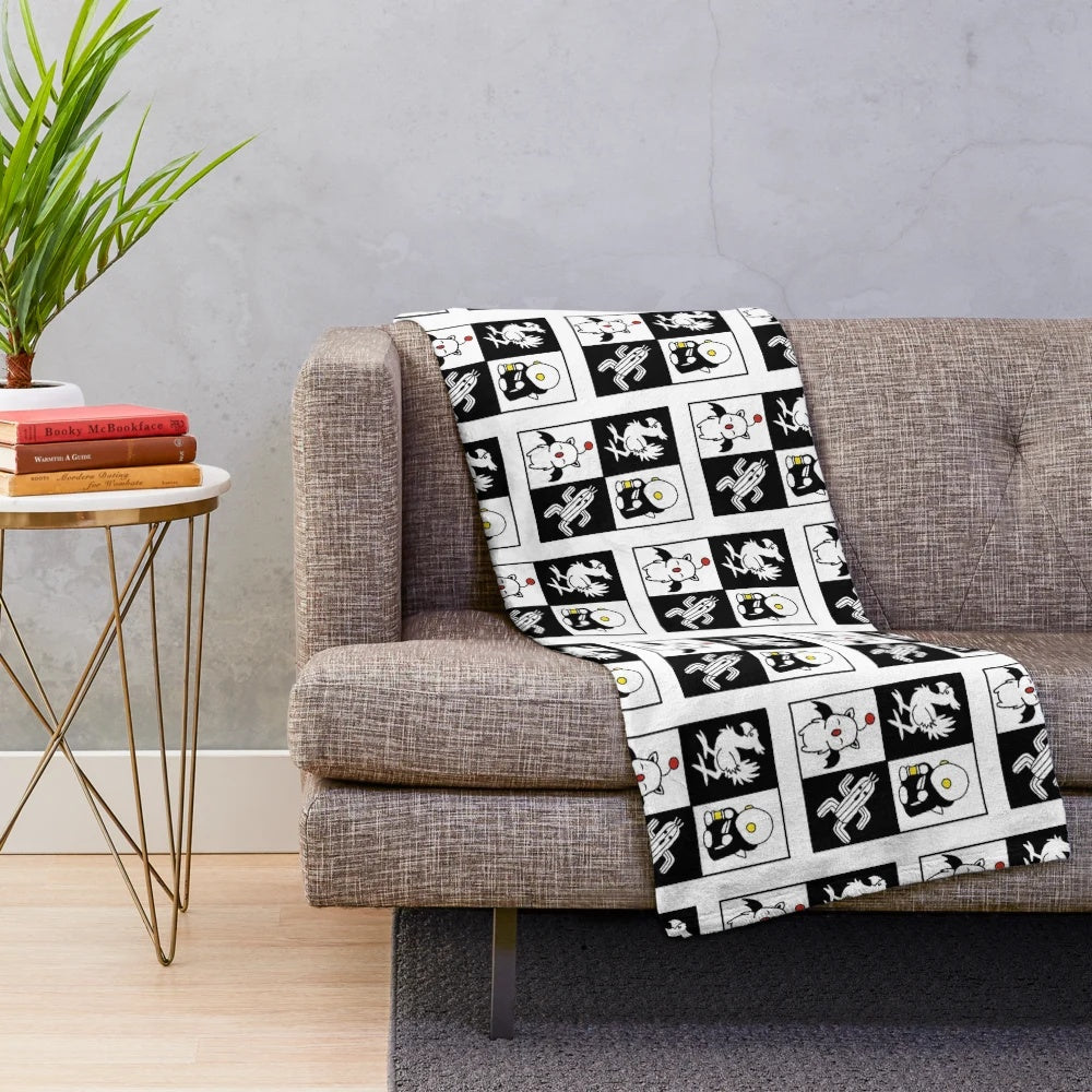 Final Fantasy inspired plush blanket featuring characters like Chocobo, Cactuar, and Moogle