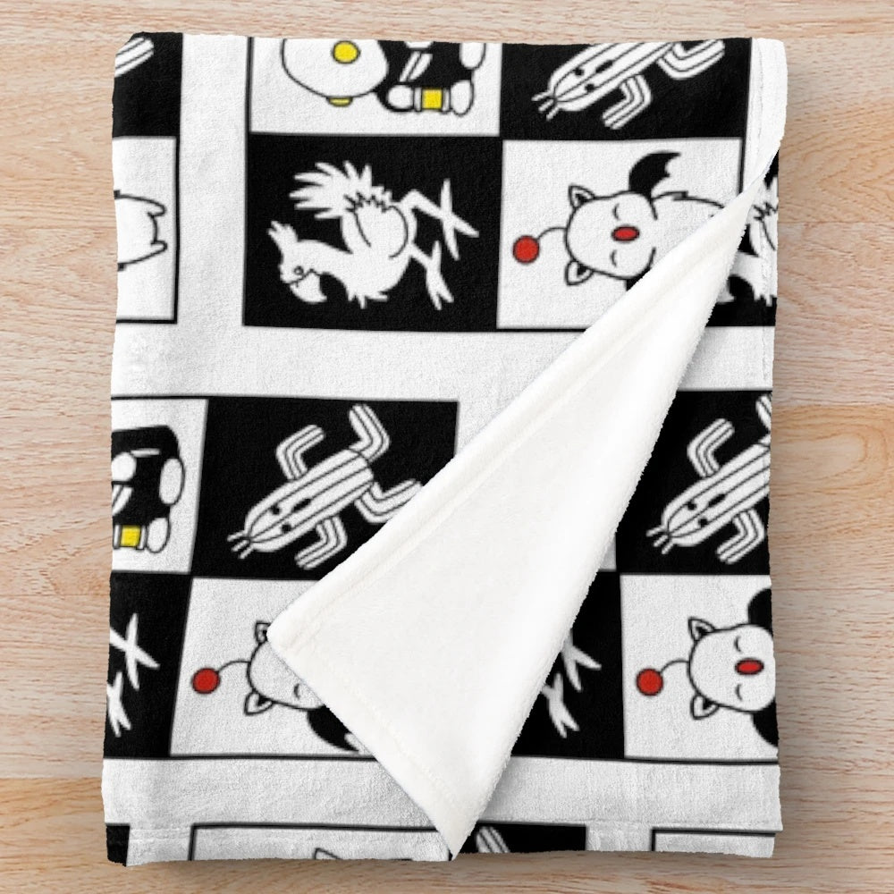 Final Fantasy inspired plush blanket featuring characters like Chocobo, Cactuar, and Moogle